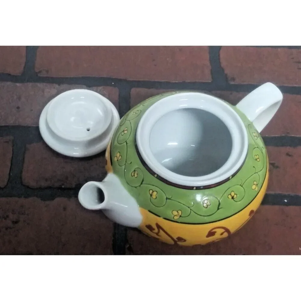 Pier 1 Teapot Sake China Orient Yellow Green Red White Etched Floral 26 Oz EUC
